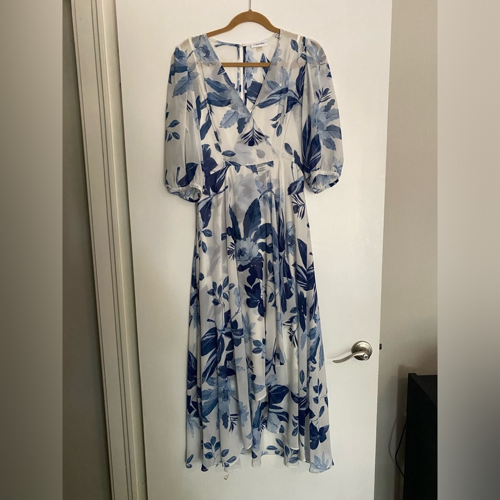 Calvin Klein Blue/White Faux Wrap Dress - Size 6